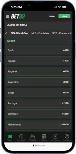 A view of BET99's mobile app on iPhone displaying world cup betting