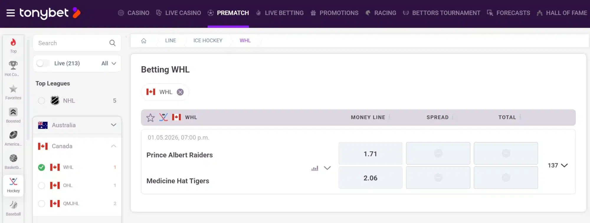 A screenshot of TonyBet sportsbook displaying WHL odds