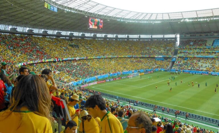 Soccer fans watching a World Cup match between Brazil and Mexico inside a stadium in Fortaleza, Brazil