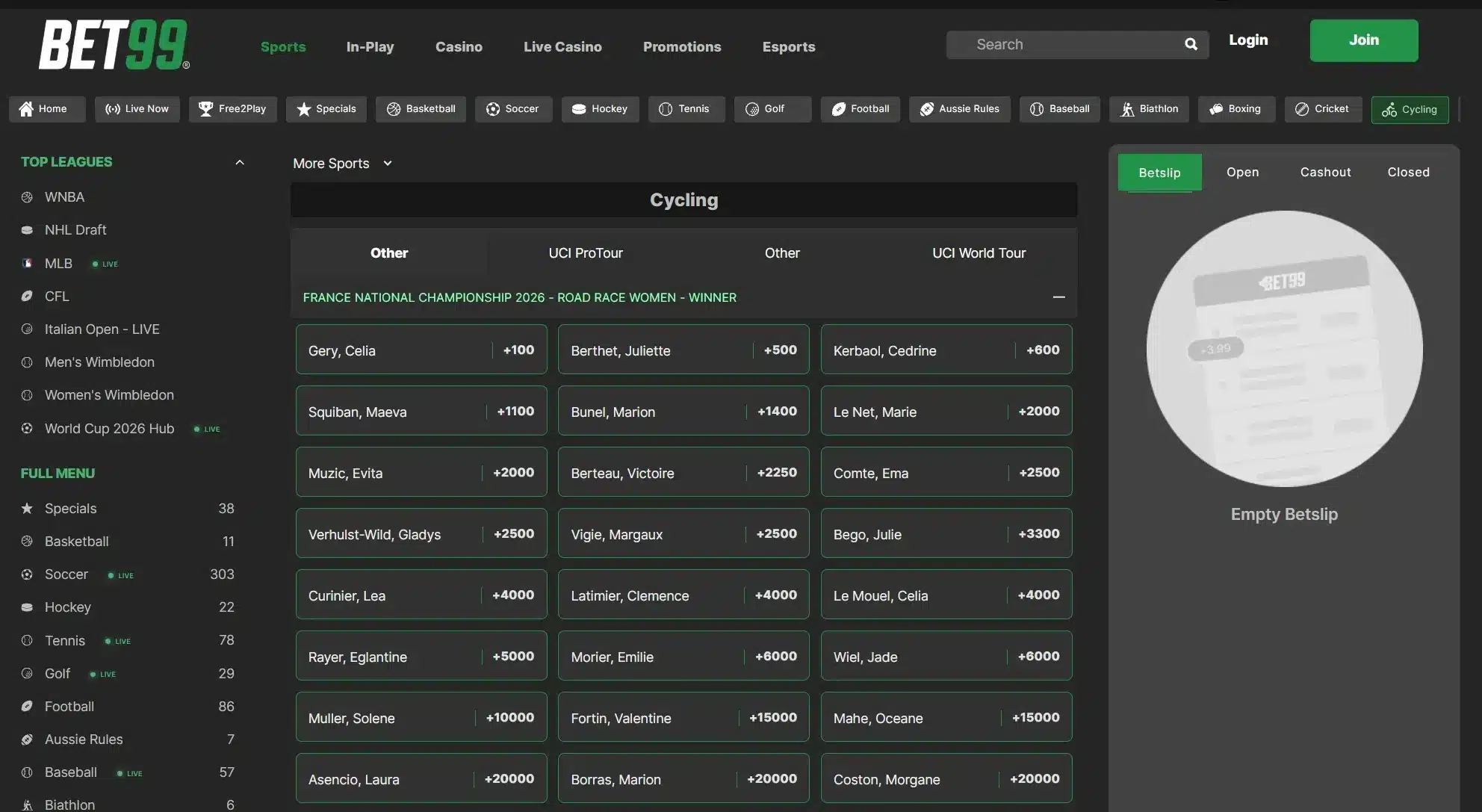 A screenshot of BET99 displaying cycling betting odds