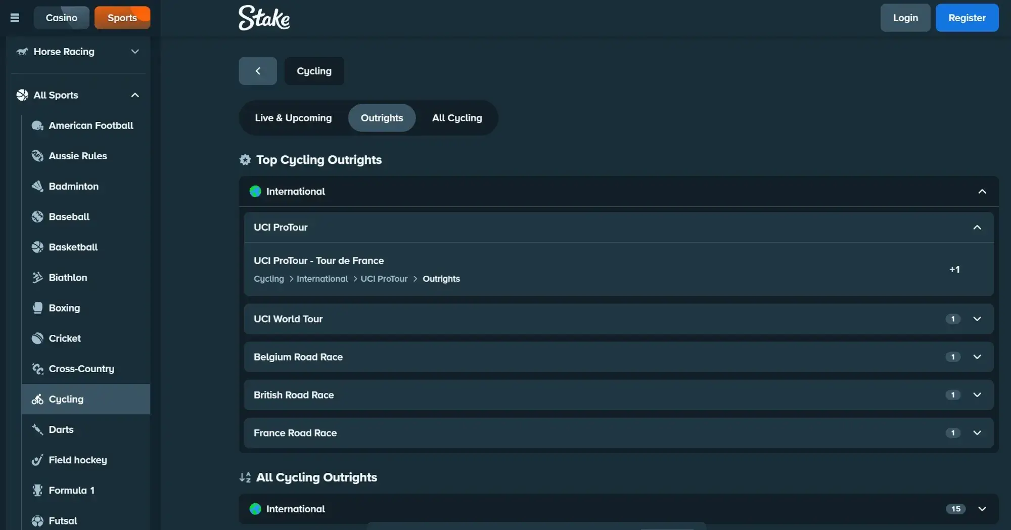 A screenshot of Stake.com displaying cycling betting odds