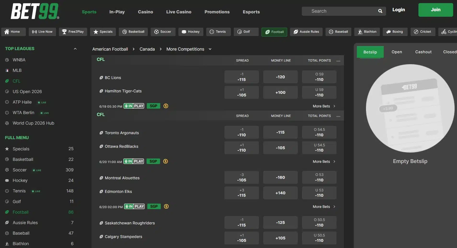 A screenshot of BET99's CFL betting site