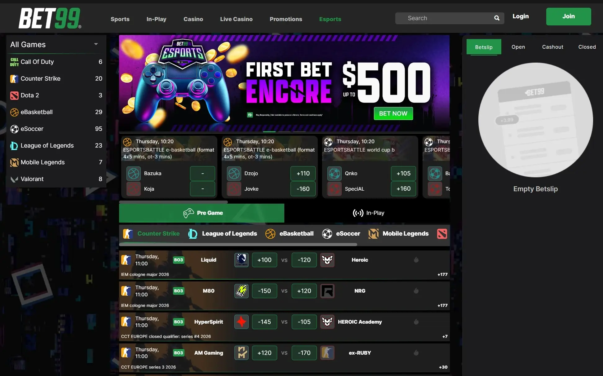 A desktop view screenshot of BET99's esports betting hub.