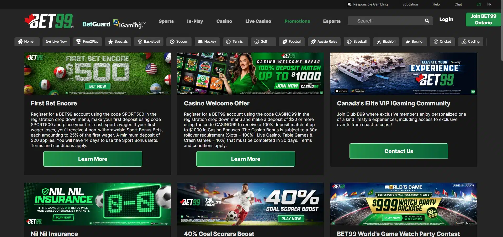 A desktop view screenshot of BET99's ongoing promotions.