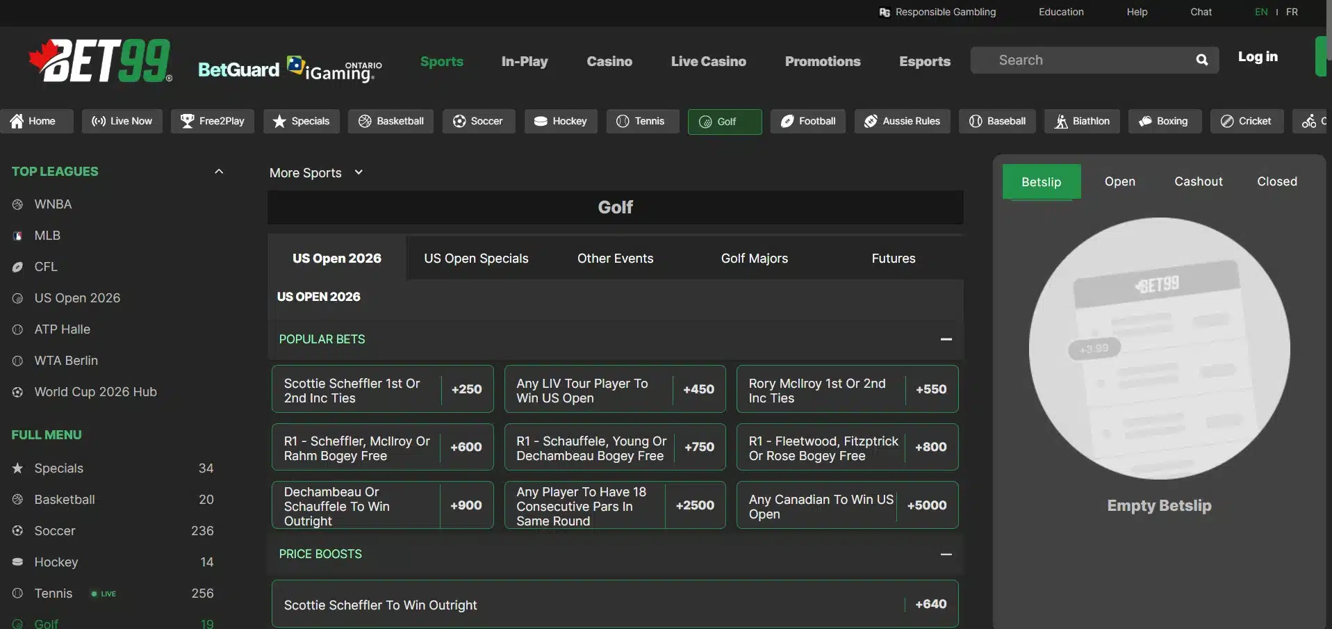 A desktop view screenshot of BET99's US Open betting page.