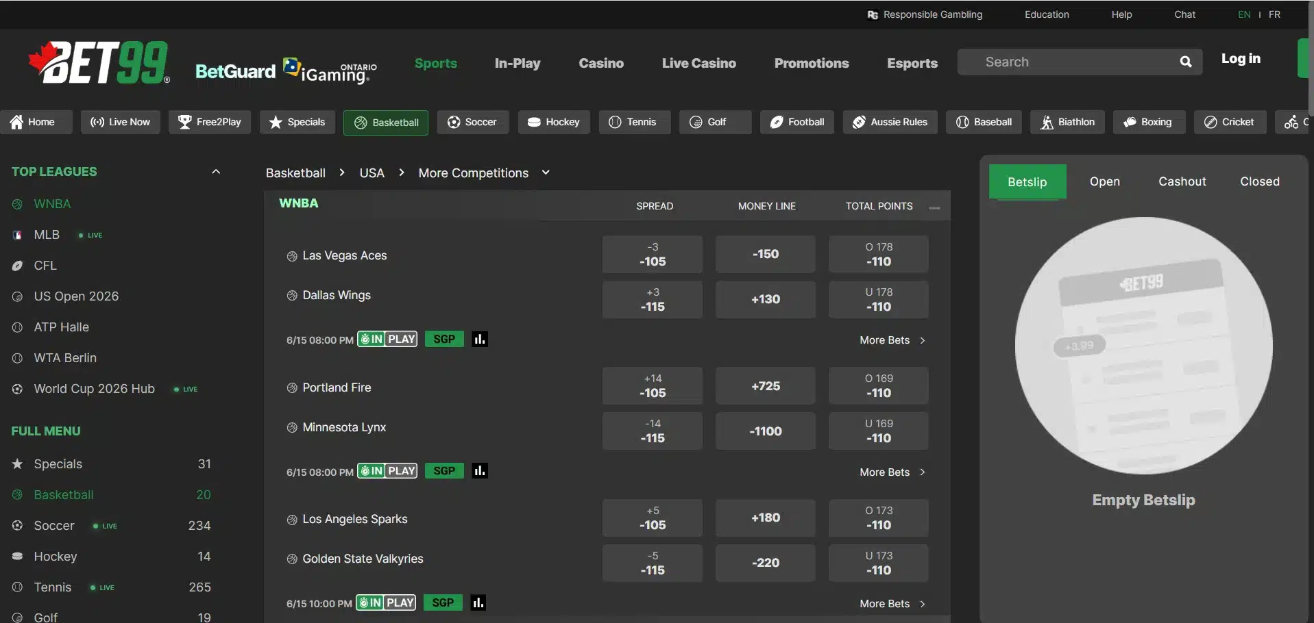 A desktop view screenshot of BET99's WNBA betting odds.