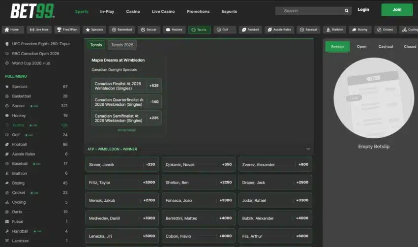 A screenshot of BET99 displaying tennis betting odds