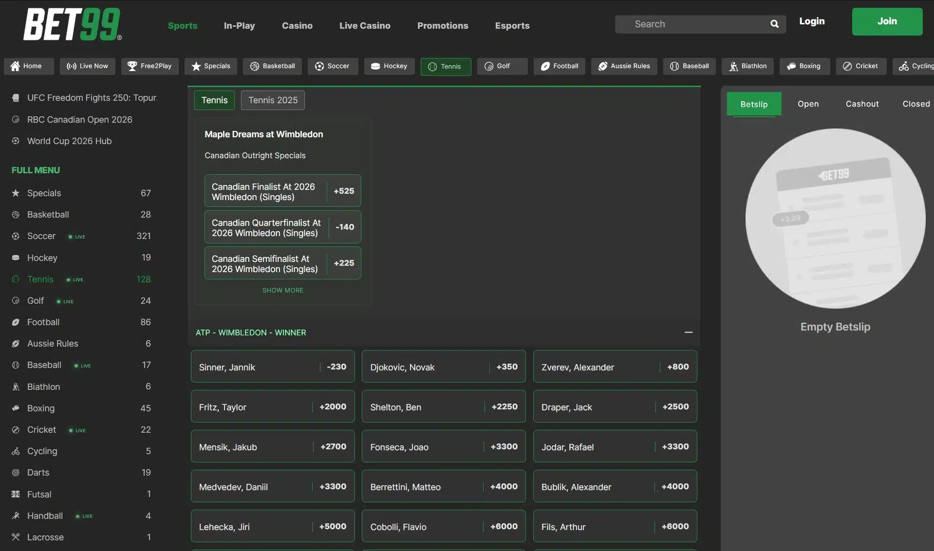 A screenshot of BET99 displaying tennis betting odds