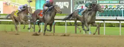 Golden Tempo (9) with Jose L. Oriz up pulls ahead against Commandment (7) with John R. Velazquez up and Renegade (4) with Irad Ortiz Jr. up down the front stretch during the Belmont Stakes. Jun 6, 2026; Saratoga Springs, NY, USA.