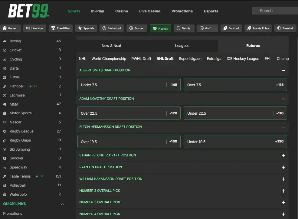 A screenshot of BET99 displaying 2026 NHL Draft odds
