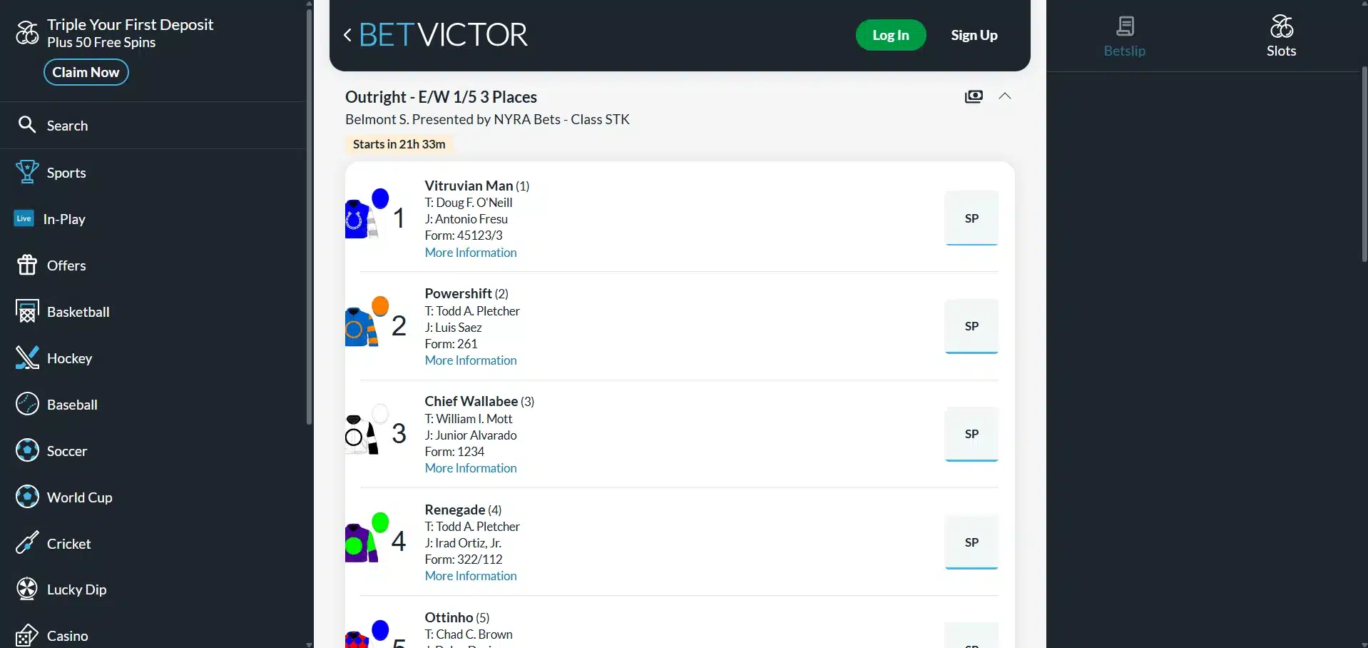 A desktop view screenshot of BetVictor's Belmont Stakes betting page.