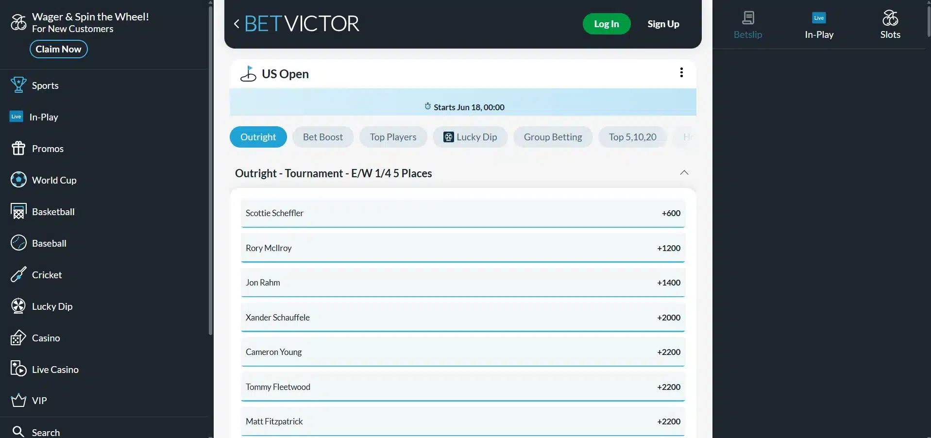A desktop view screenshot of BetVictor's US Open betting page.