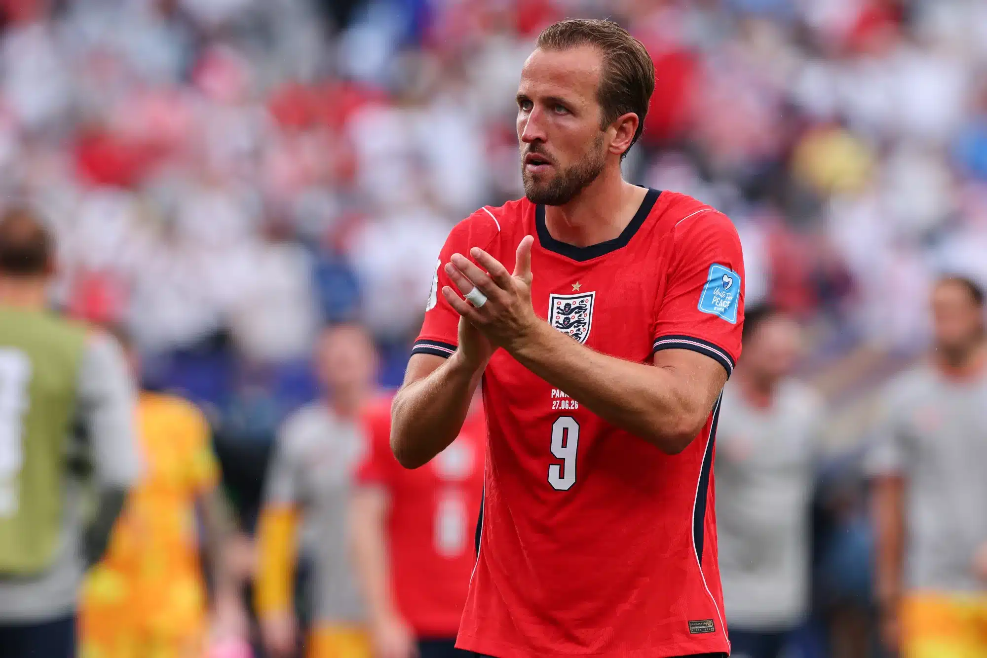 Jun 27, 2026; East Rutherford, New Jersey, USA; England forward Harry Kane (9) gestures to fans after a Group L match of the 2026 FIFA World Cup against Panama at New York New Jersey Stadium.