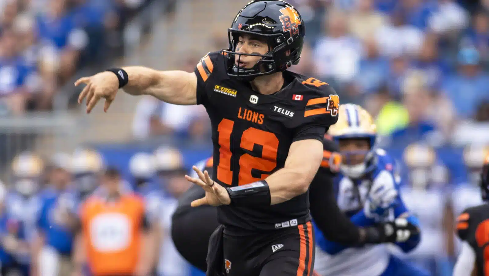 Nathan Rourke of the BC Lions throws a pass during a CFL game in 2026