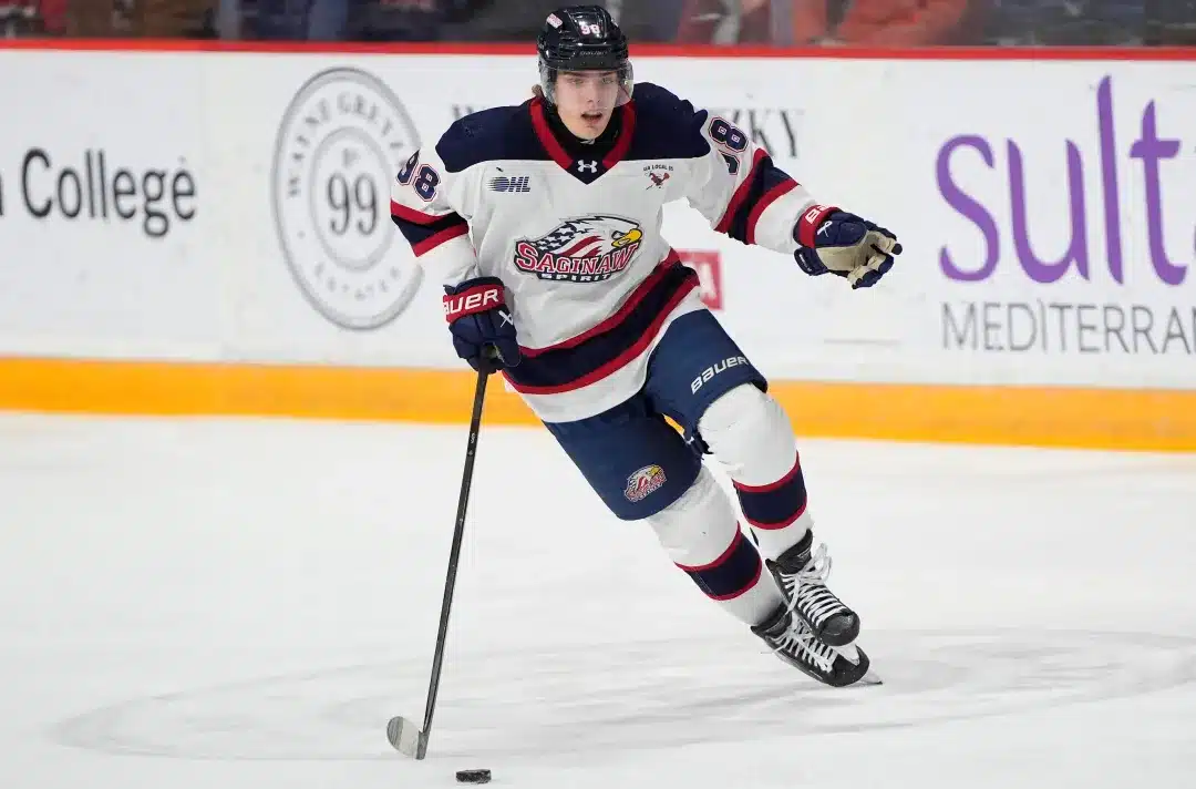 MARCH 5: Nikita Klepov #98 of the Saginaw Spirit carries the puck against the Niagara IceDogs during the first period at Meridian Centre on March 5, 2026 in St Catharines, Canada.