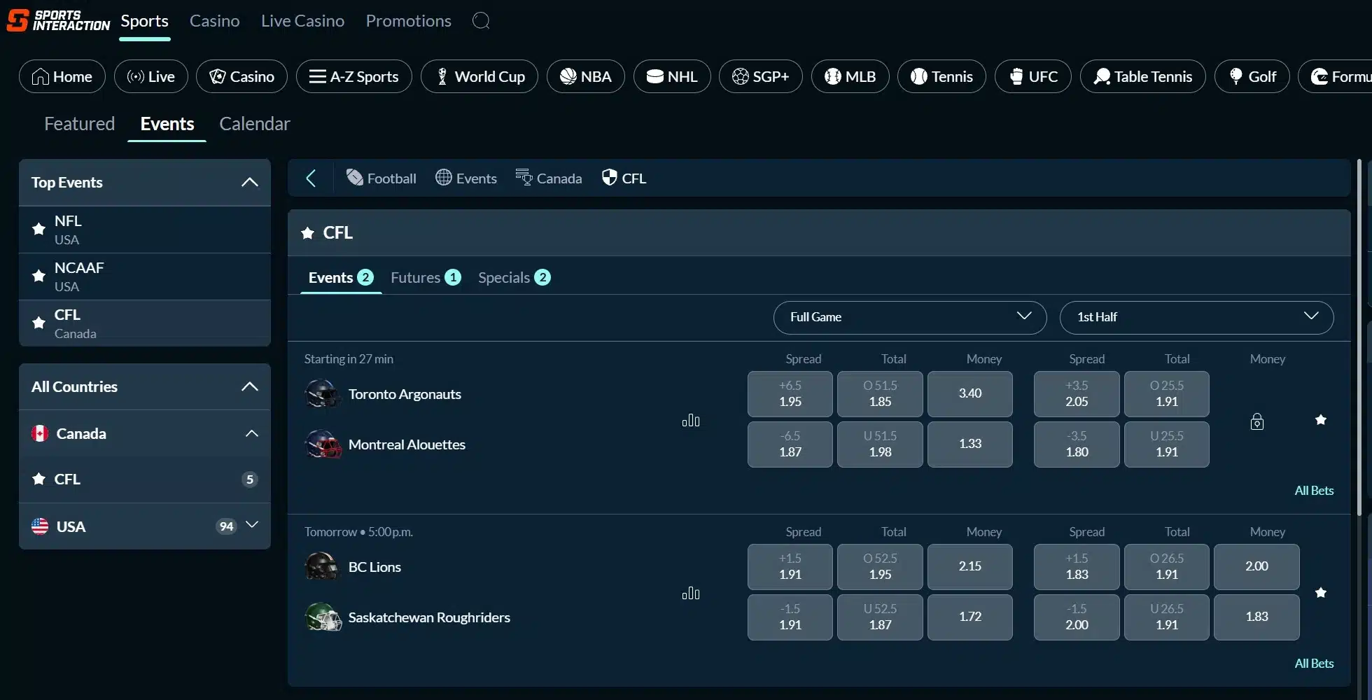 A screenshot of Sports Interaction displaying CFL Betting Odds