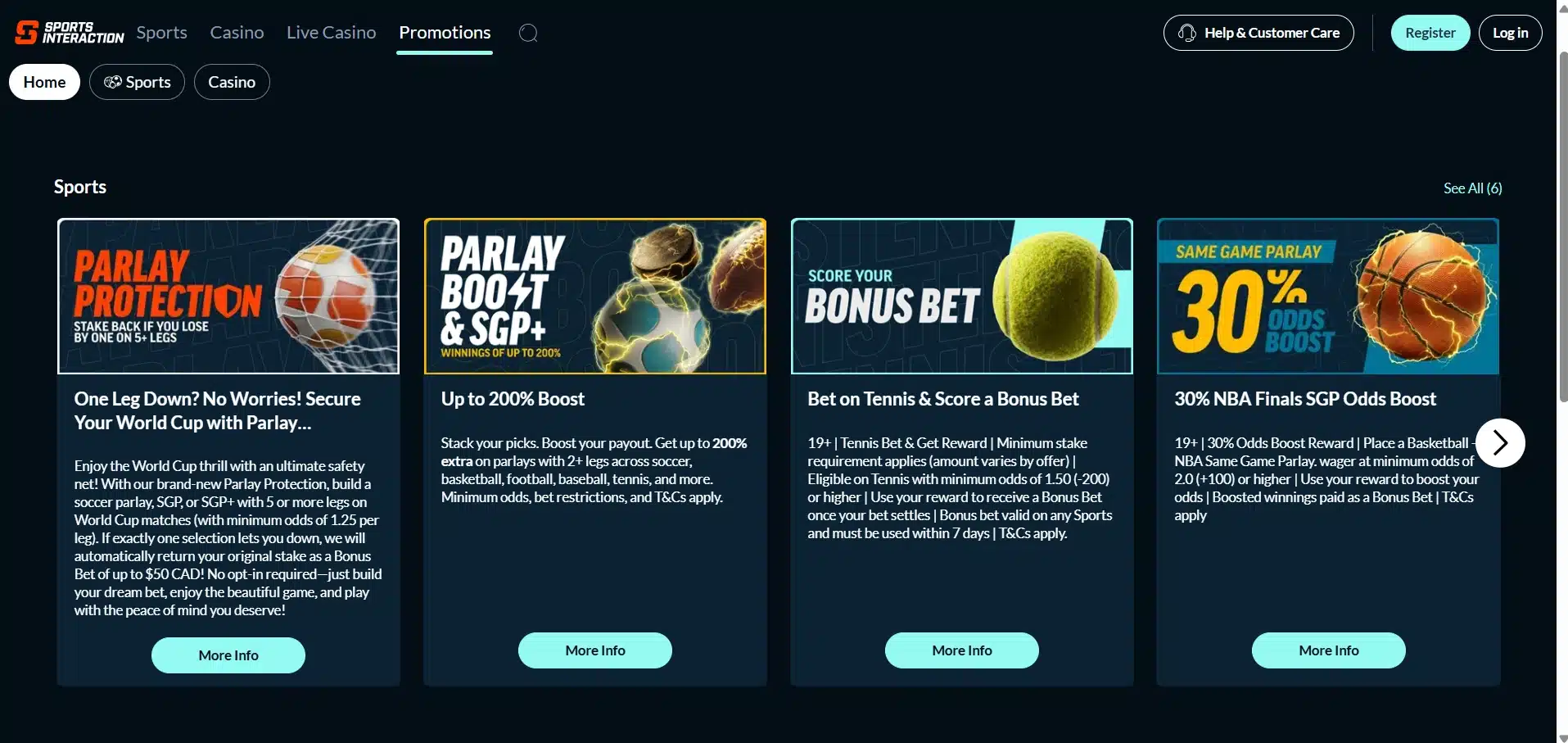 A desktop view screenshot of Sports Interaction's ongoing promotions page.
