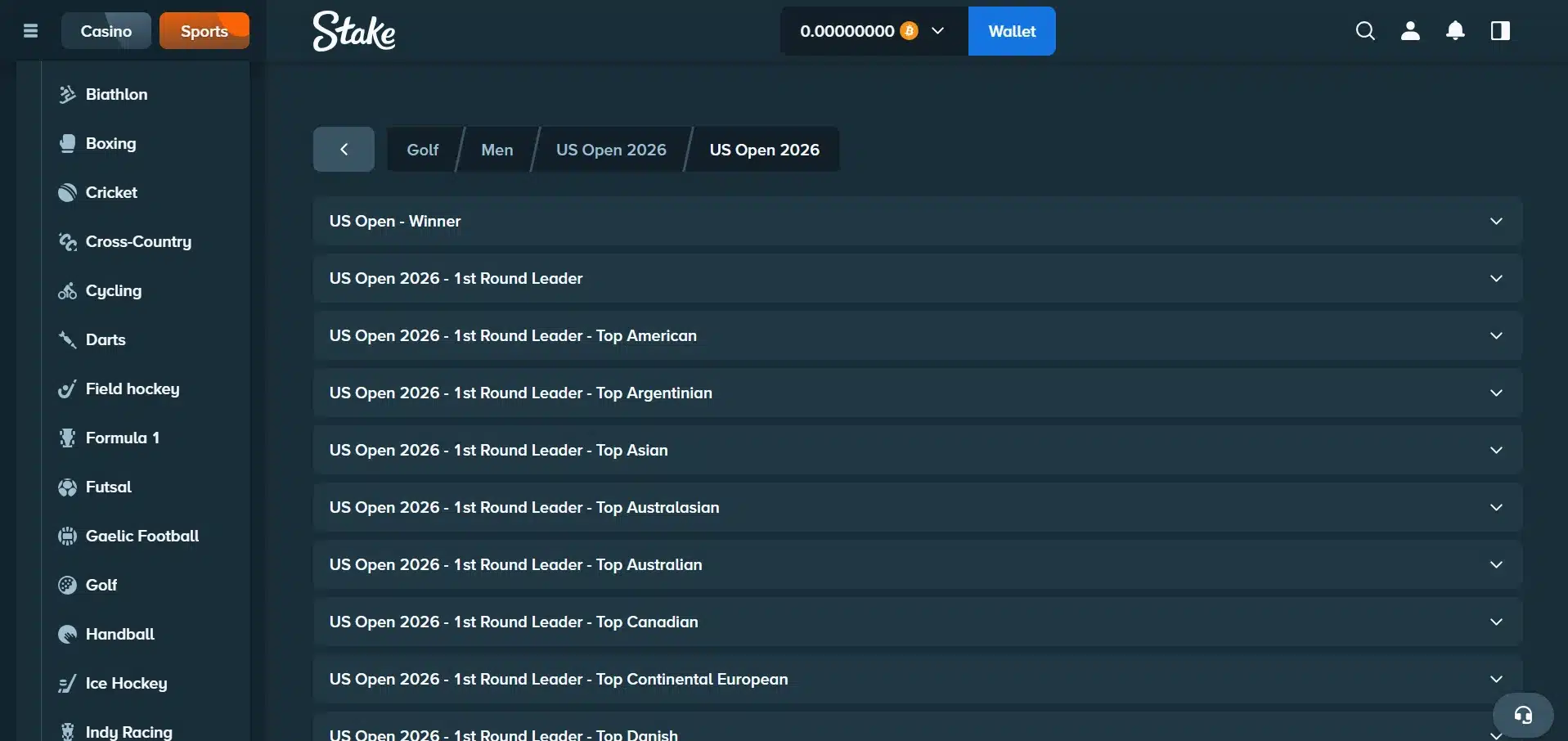A desktop view screenshot of Stake's US Open betting page.