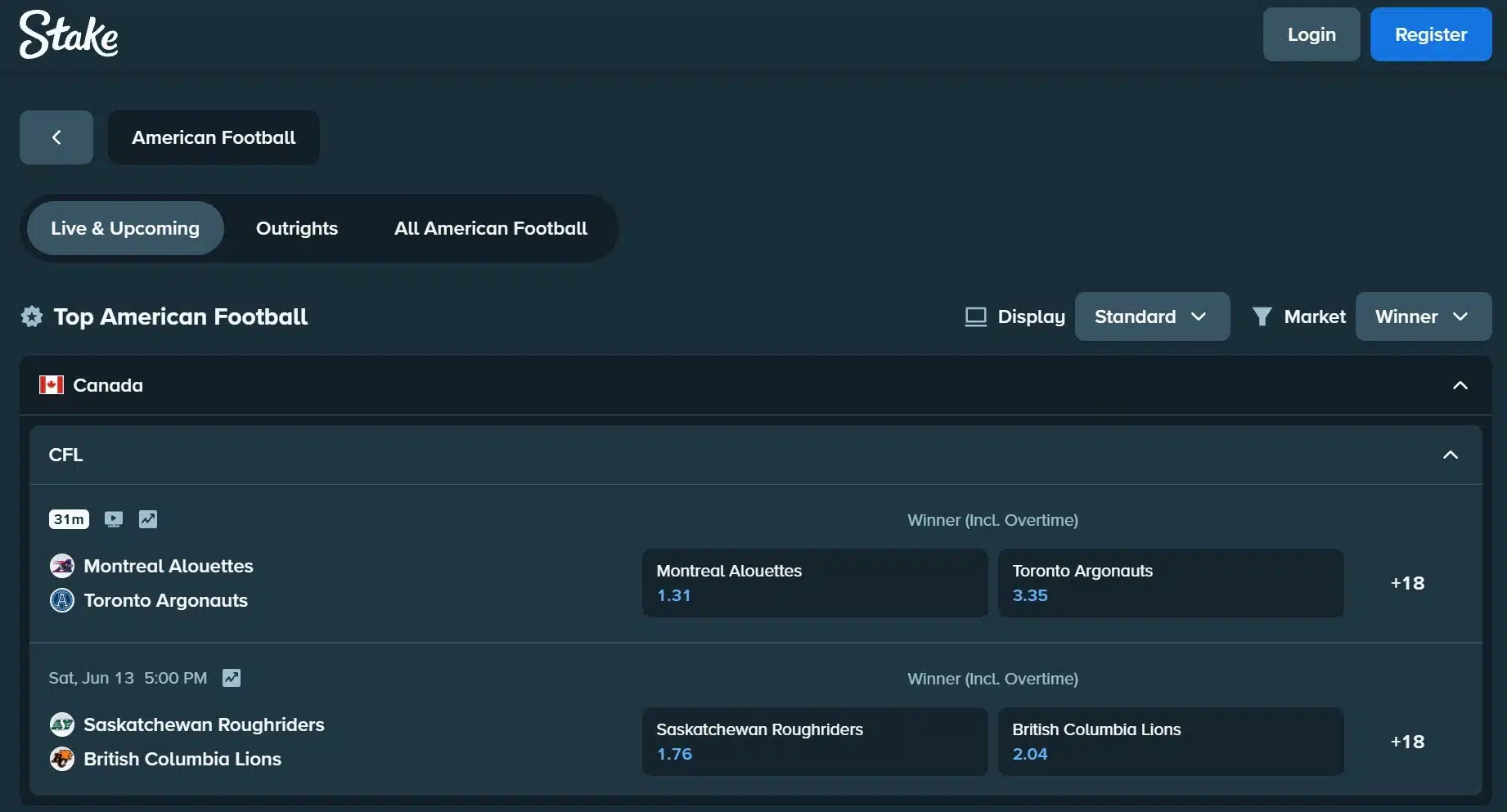 A screenshot of Stake.com displaying CFL betting odds