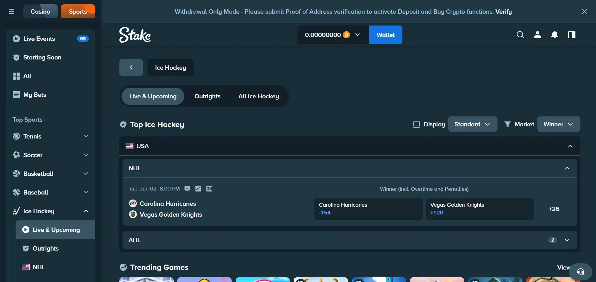 A desktop view screenshot of Stake's Hockey betting page.