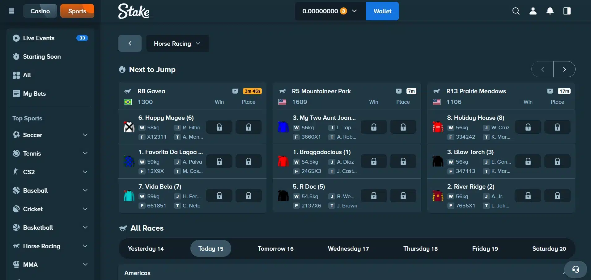A screenshot view of Stake's horse racing betting page.