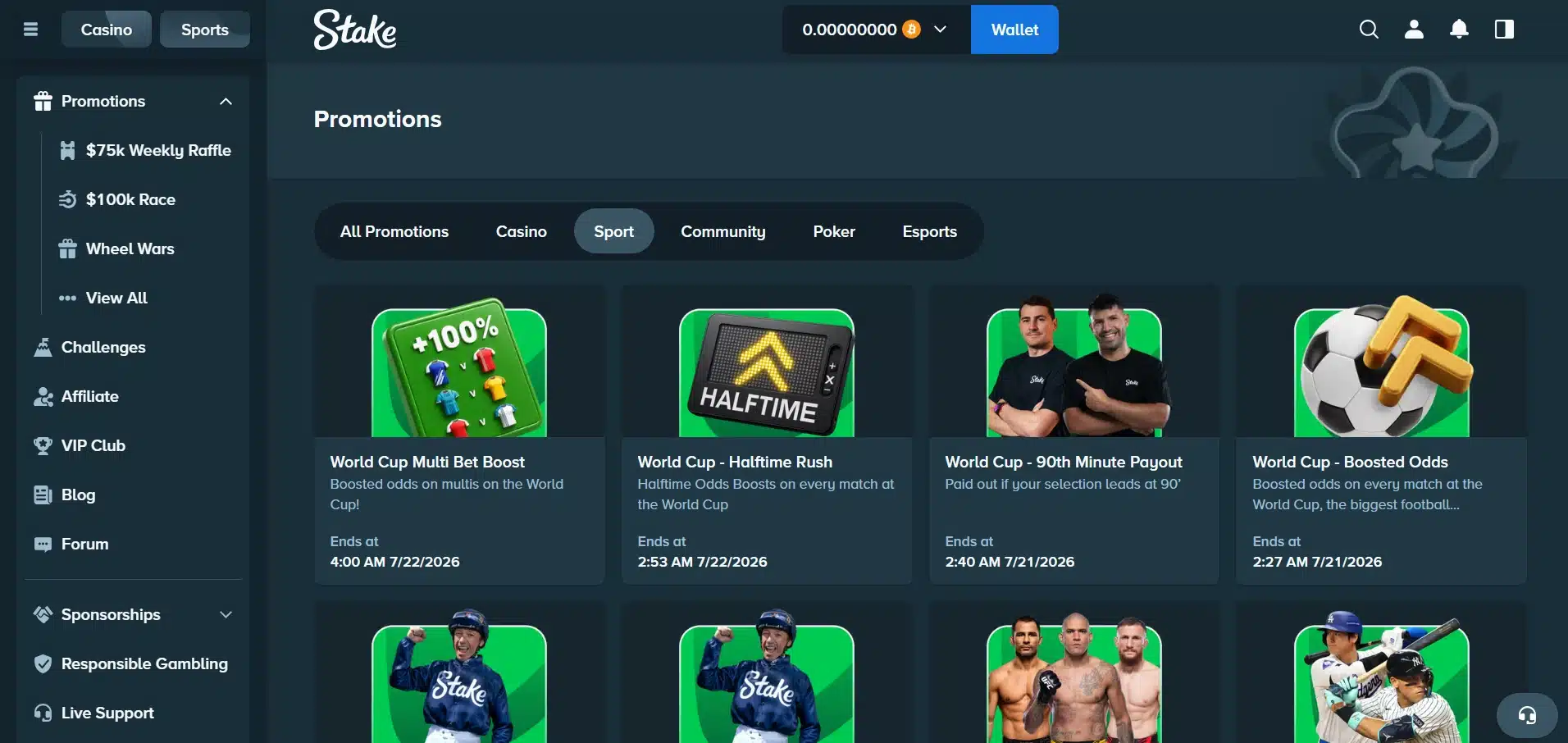 A desktop view screenshot of Stake's ongoing promotions page.