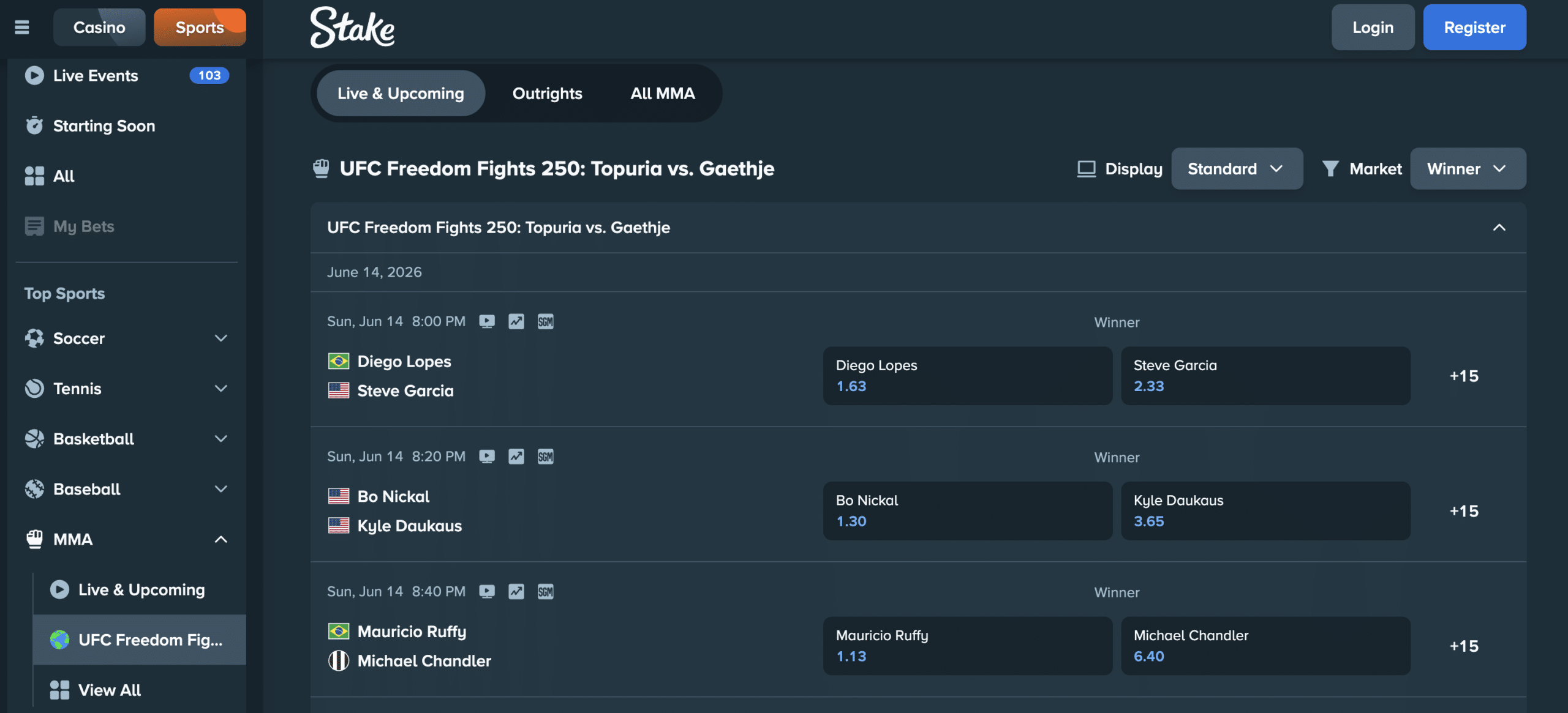 Stake UFC Betting Odds