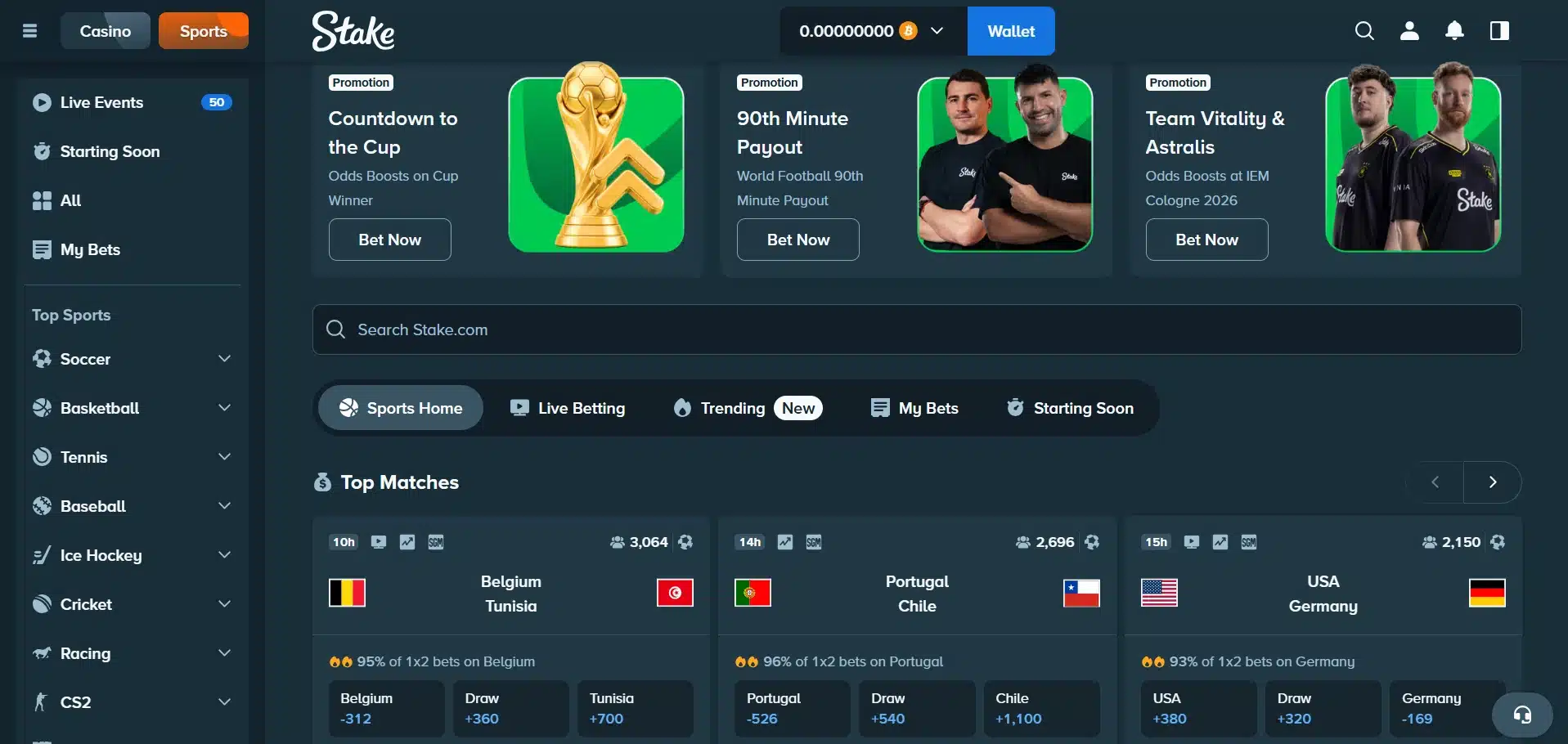 A desktop view screenshot of Stake's homepage.