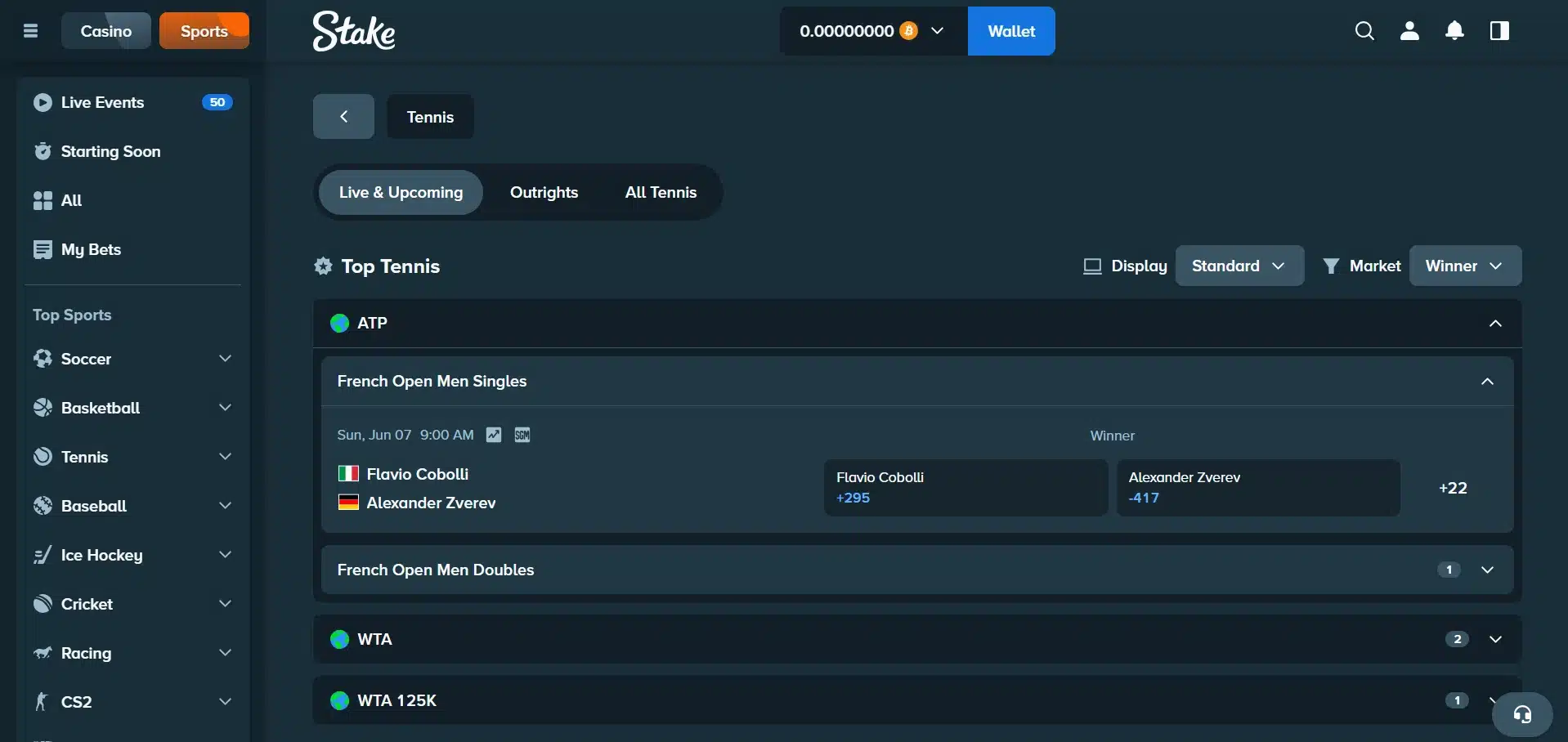 A desktop view screenshot of Stake's tennis betting page.