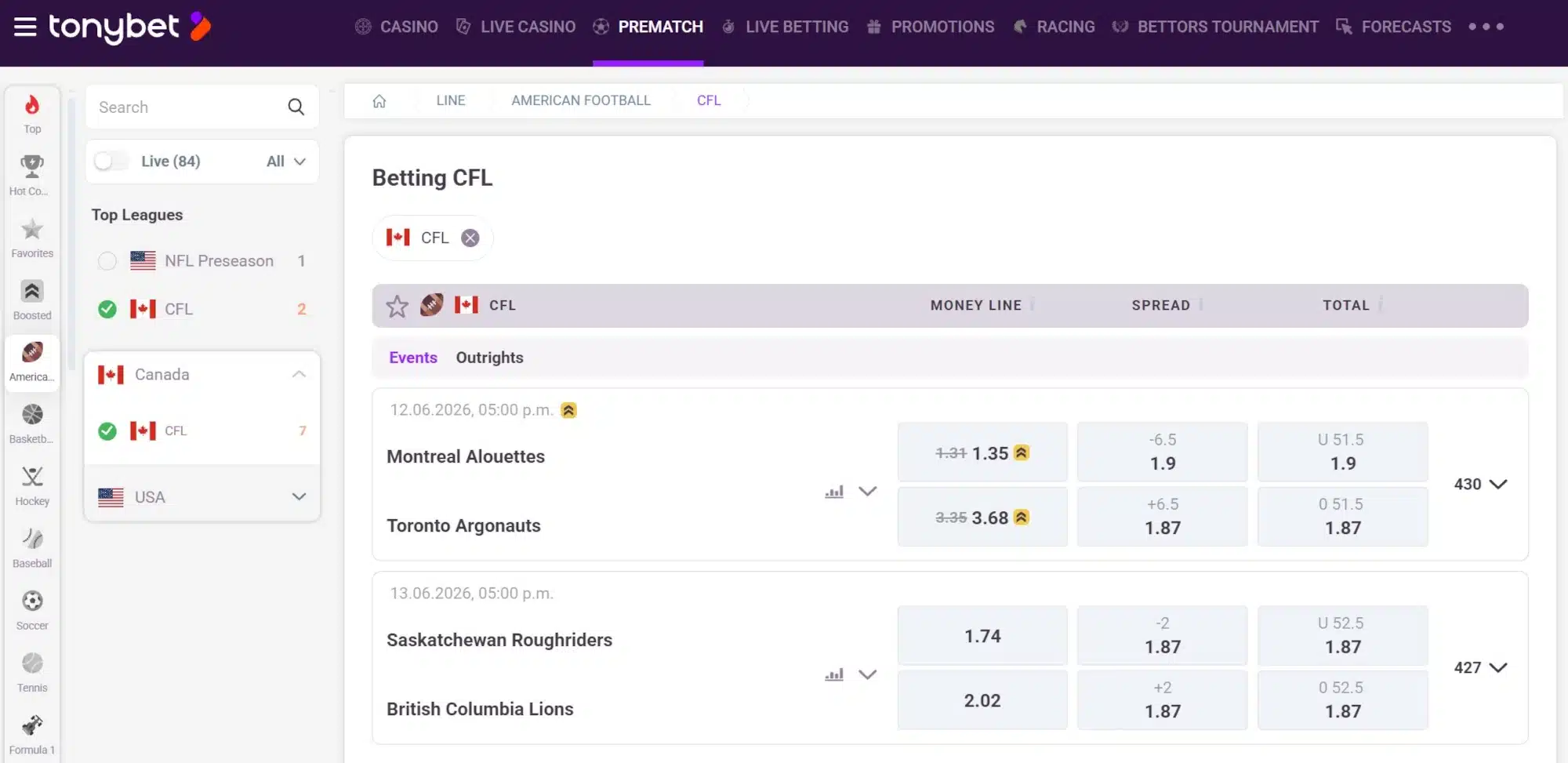 A screenshot of TonyBet displaying CFL Betting Odds