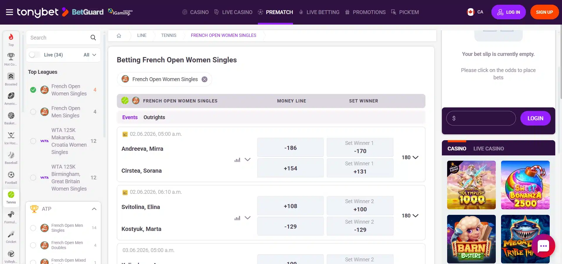A desktop view screenshot of TonyBet's French Open odds.