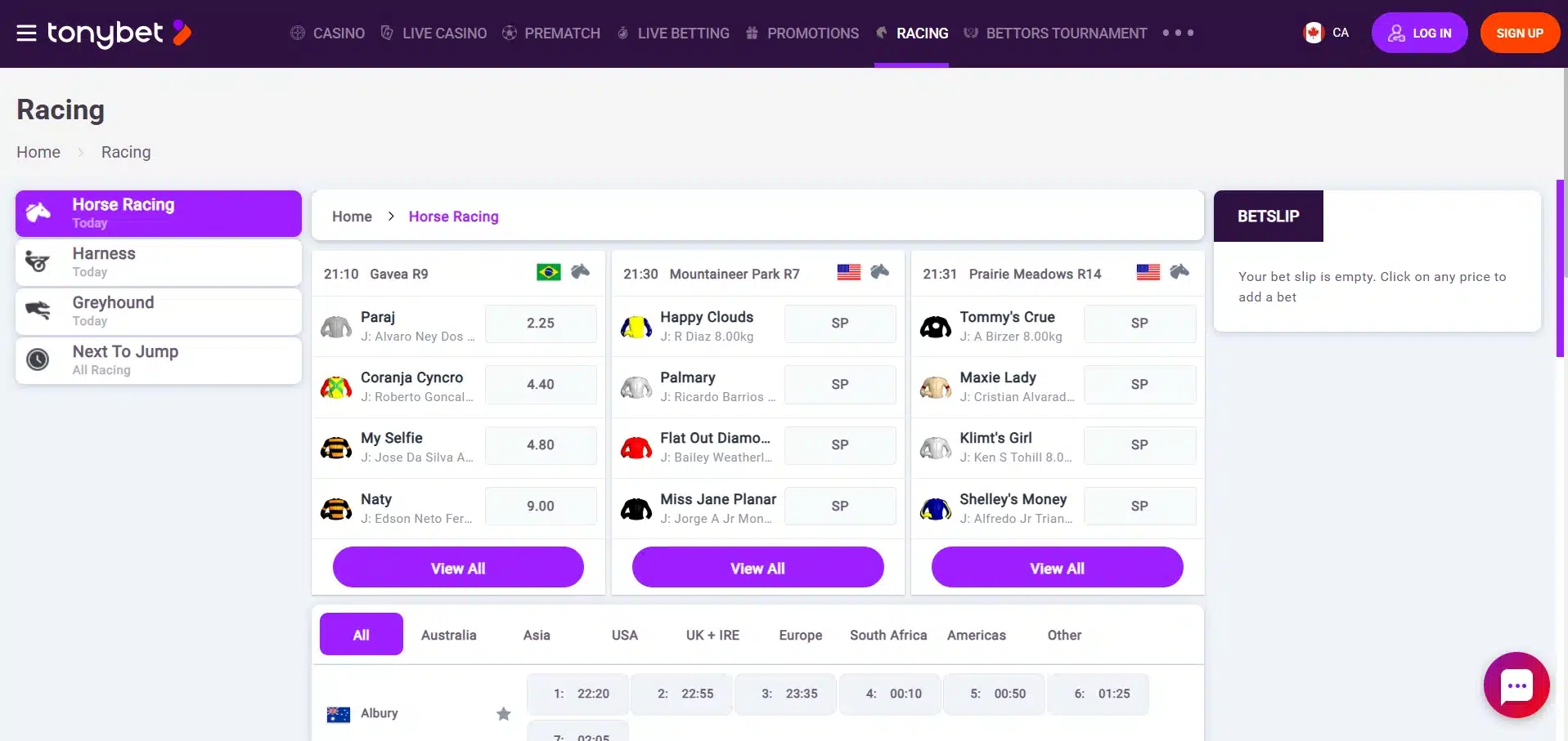 A desktop view screenshot of TonyBet's horse racing betting page.
