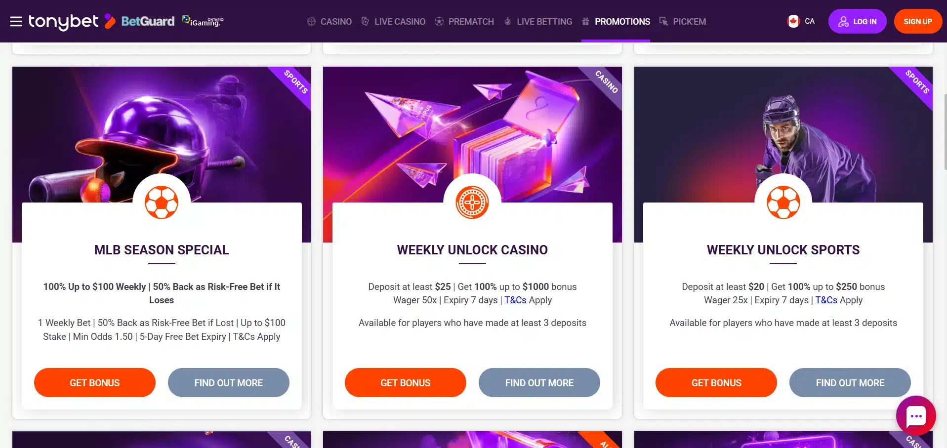 A desktop view screenshot of TonyBet's ongoing promos.