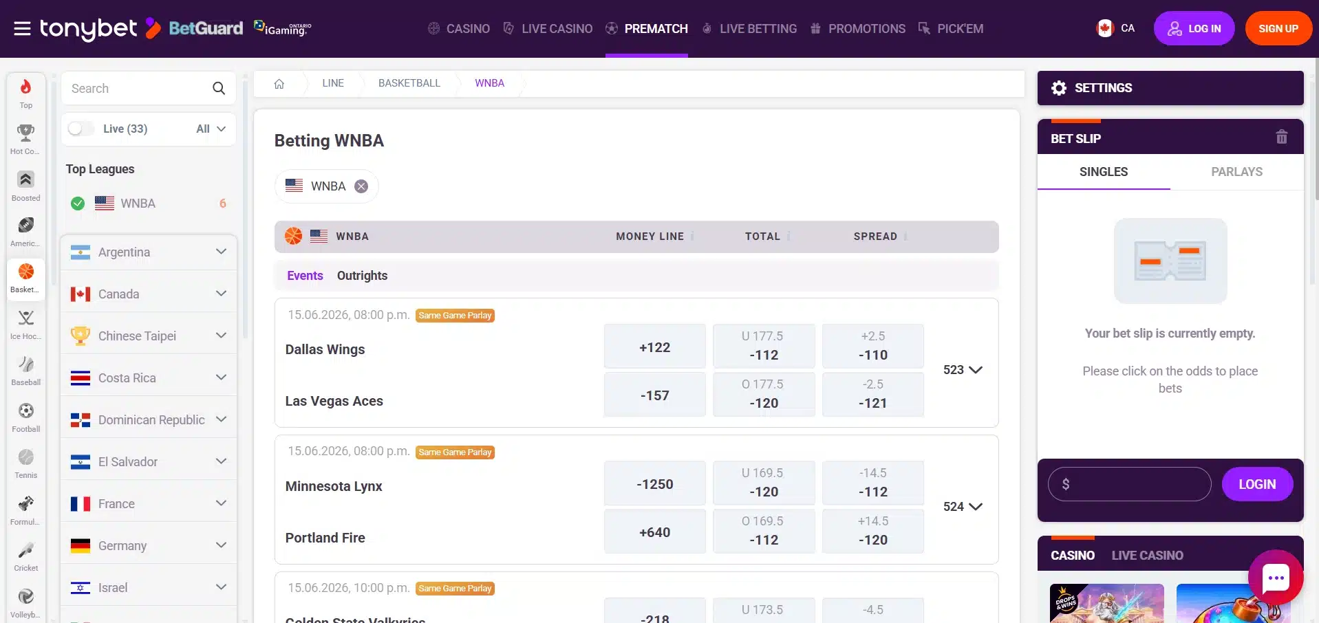 A desktop view screenshot of TonyBet's WNBA betting odds.