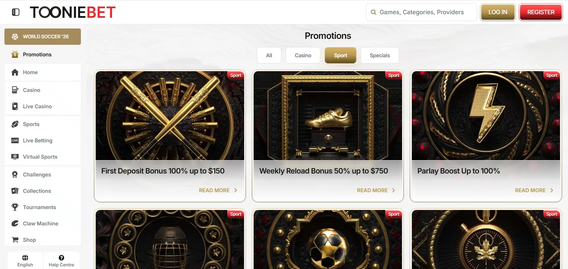 A desktop view screenshot of ToonieBet's promotions page.