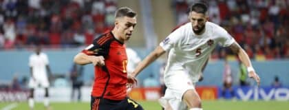 Belgium midfielder Leandro Trossard (17) dribbles in front of Canada defender Steven Vit ria (5) during the second half of a group stage match during the 2022 FIFA World Cup at Ahmad Bin Ali Stadium
