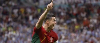 Portugal forward Cristiano Ronaldo (7) celebrates his goal scored against Uruguay during the second half of the group stage match in the 2022 World Cup at Lusail Stadium. The goal would instead be credited to midfielder Bruno Fernandes (8).