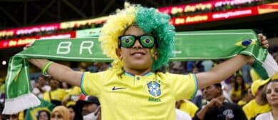 A fan is seen during the match between Cameroon and Brazil during a group stage match during the 2022 World Cup at Lusail Stadium