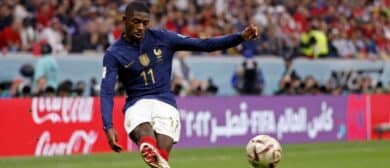 France forward Ousmane Dembele (11) kicks the ball against Morocco during the second half of a semifinal match during the 2022 World Cup at Al Bayt Stadium