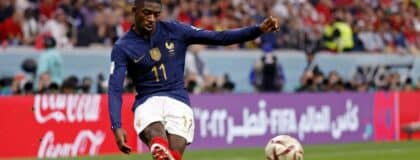France forward Ousmane Dembele (11) kicks the ball against Morocco during the second half of a semifinal match during the 2022 World Cup at Al Bayt Stadium