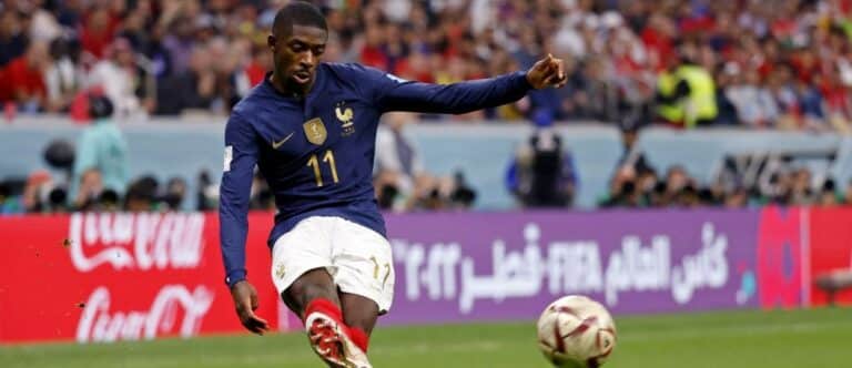 France forward Ousmane Dembele (11) kicks the ball against Morocco during the second half of a semifinal match during the 2022 World Cup at Al Bayt Stadium