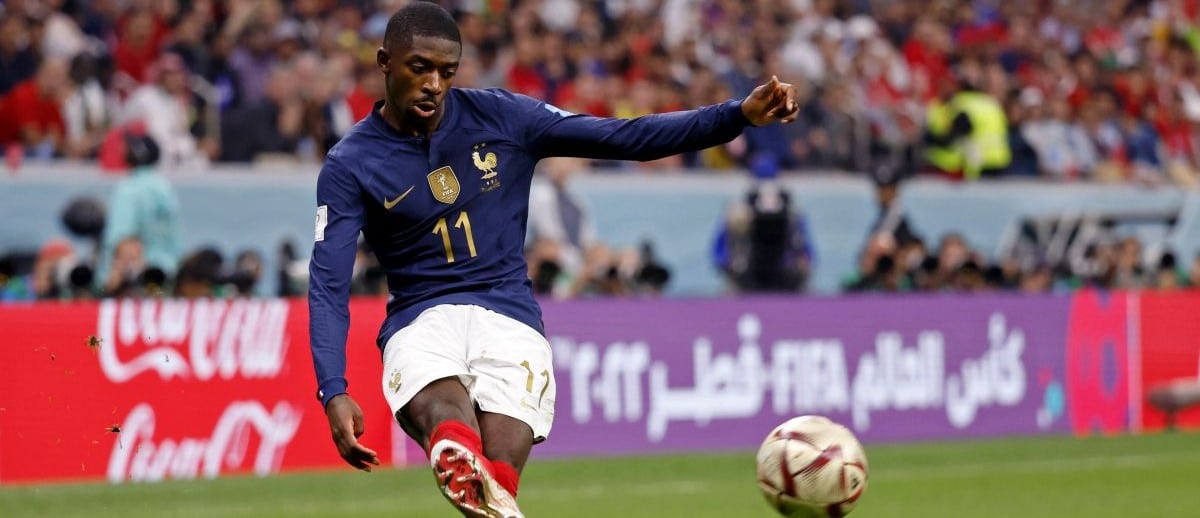 France forward Ousmane Dembele (11) kicks the ball against Morocco during the second half of a semifinal match during the 2022 World Cup at Al Bayt Stadium