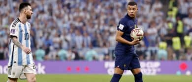 France forward Kylian Mbappe (10) and Argentina forward Lionel Messi (10) look at each other during the second half of the 2022 World Cup final at Lusail Stadium