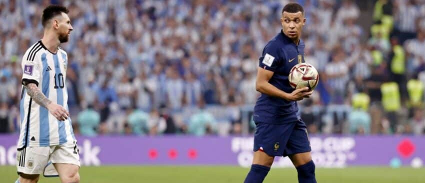 France forward Kylian Mbappe (10) and Argentina forward Lionel Messi (10) look at each other during the second half of the 2022 World Cup final at Lusail Stadium