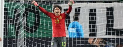 Mexico goalkeeper Guillermo Ochoa (13) yells instructions to his teammates during the second half against Ghana at Bank of America Stadium.