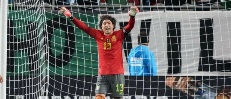 Mexico goalkeeper Guillermo Ochoa (13) yells instructions to his teammates during the second half against Ghana at Bank of America Stadium.