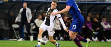 Germany midfielder Florian Wirtz (10) against United States defender Tim Ream (13) during the first half at Pratt & Whitney Stadium