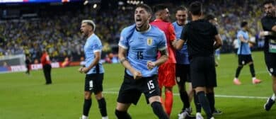 Uruguay midfielder Federico Valverde (15) reacts after defeating Brazil at Allegiant Stadium