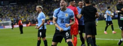 Uruguay midfielder Federico Valverde (15) reacts after defeating Brazil at Allegiant Stadium
