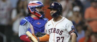 Houston Astros left fielder Jose Altuve (27) reacts after striking out during the sixth inning against the Toronto Blue Jays at Daikin Park.